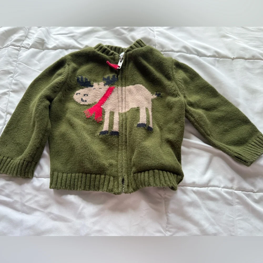 Carters Baby Boy Olive Green Cotton Moose Zip Up Sweater